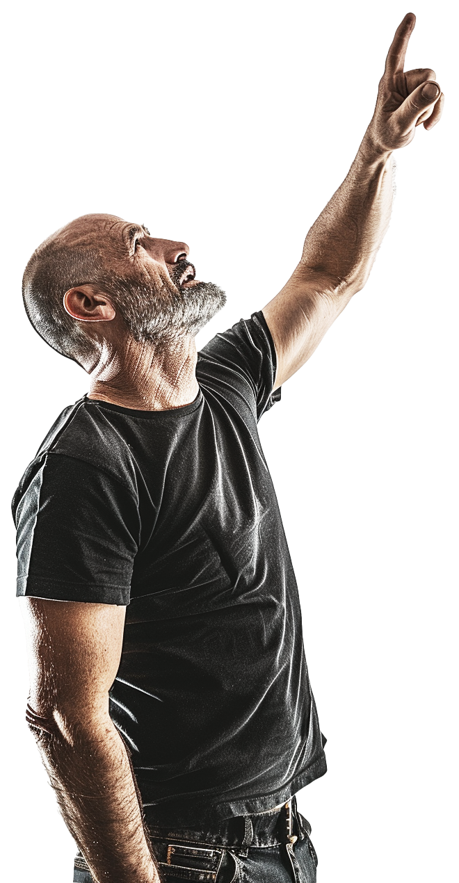 A man with a beard is pointing up with his finger.