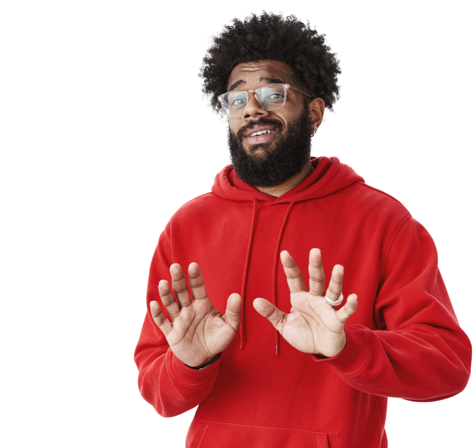 a man with a beard wearing glasses and a red hoodie