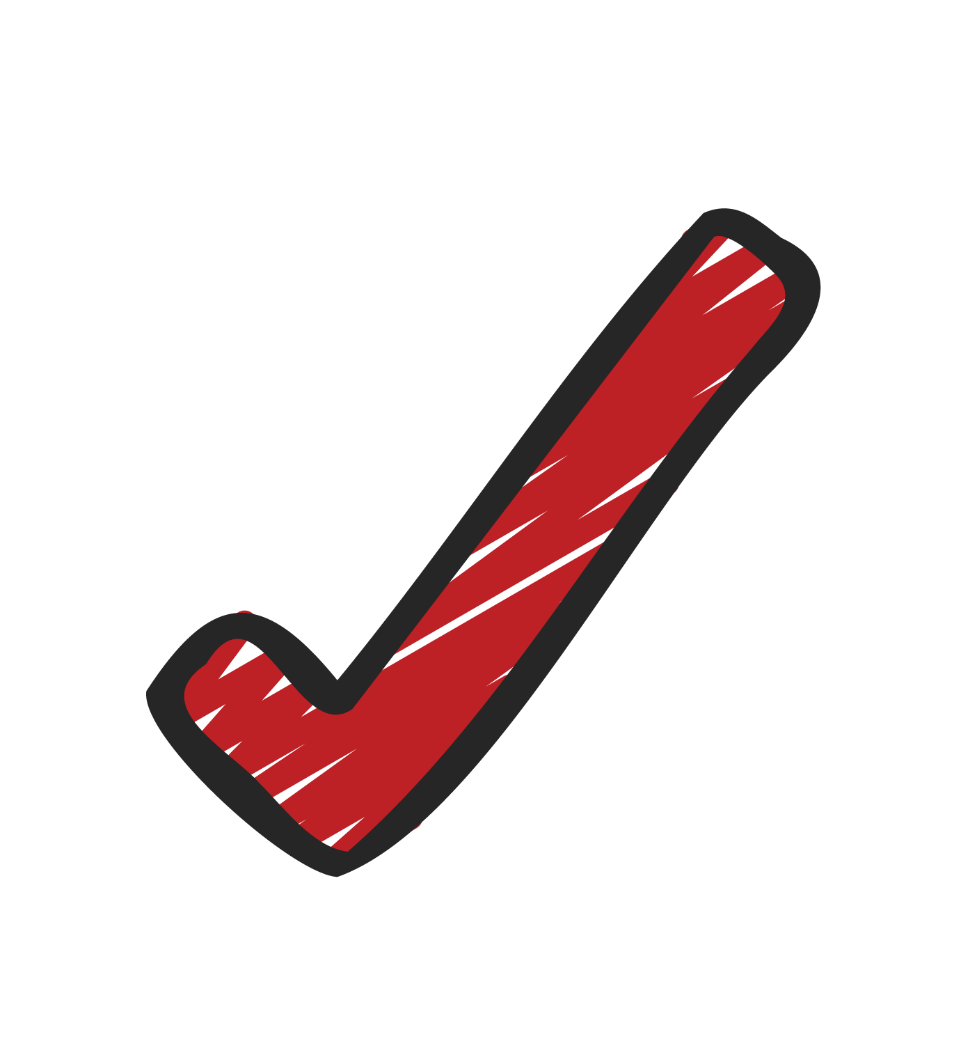 A red check mark with a black outline on a white background