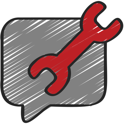 A red wrench is sitting inside of a speech bubble.