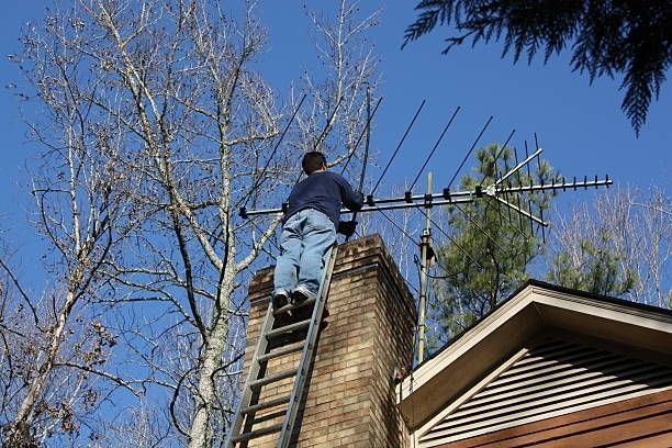 A man is standing on a ladder on top of a chimney.