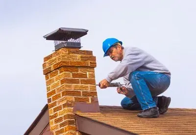 A man is kneeling on top of a roof fixing a chimney.