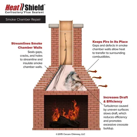 A diagram of a brick fireplace with heat shield smoke chamber repair