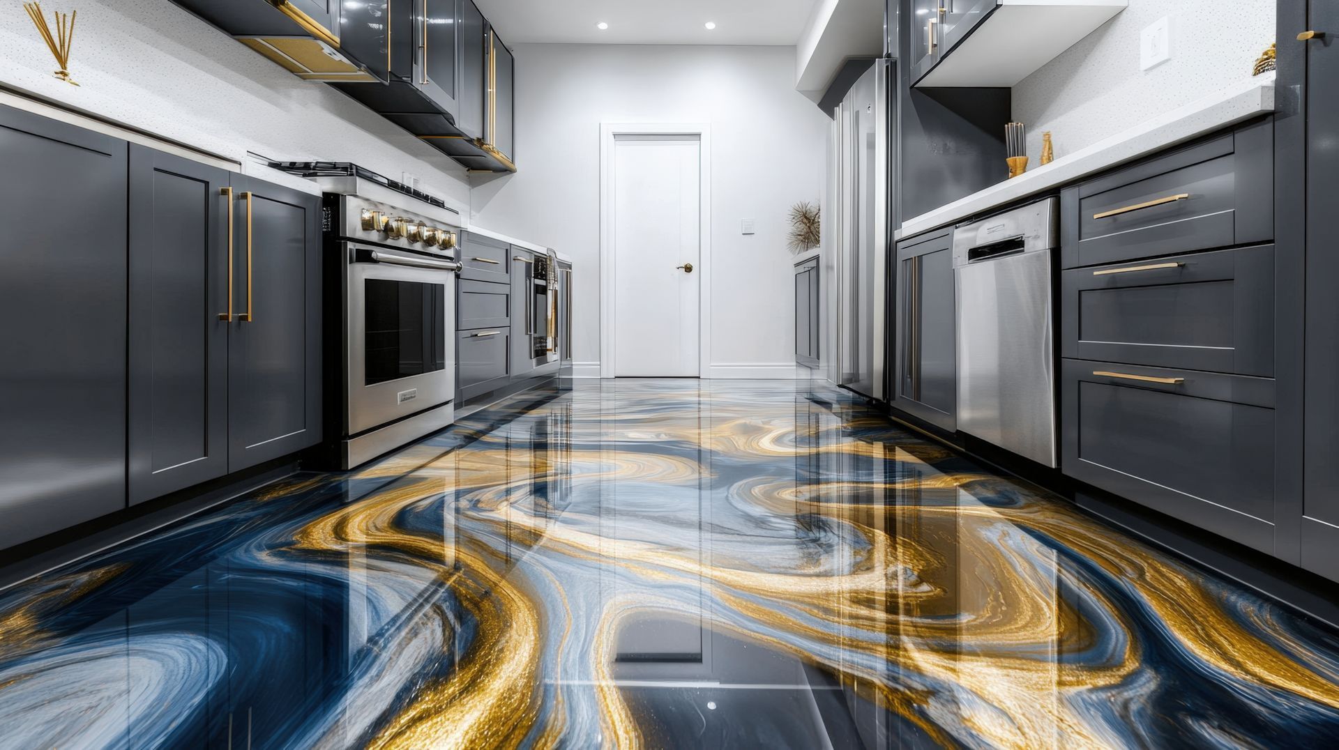 Cuisine moderne avec des armoires foncées, des appareils électroménagers en acier inoxydable et un sol brillant aux motifs tourbillonnants bleus et or.