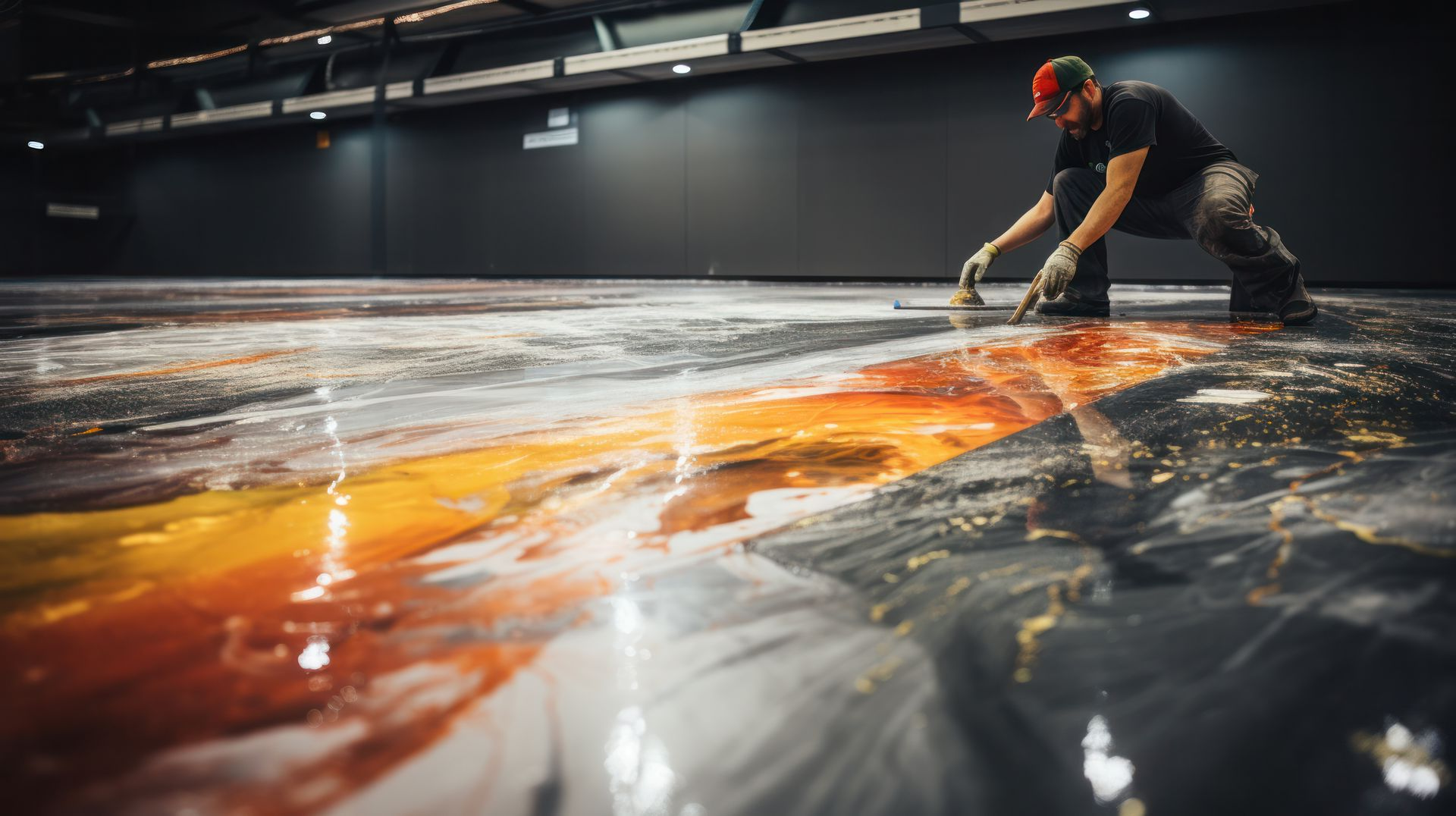 Une personne applique un revêtement de sol époxy coloré au pinceau dans un grand entrepôt.
