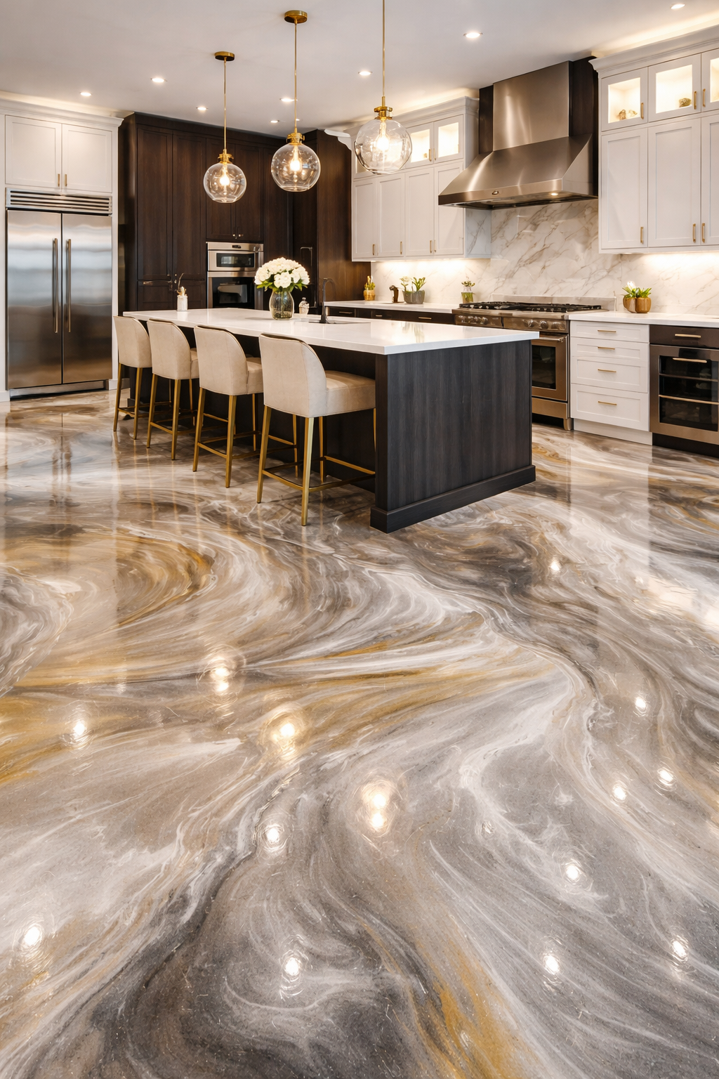 Cuisine luxueuse avec sols en époxy aux motifs tourbillonnants dans des tons de gris, d'or et de blanc. Îlot central avec places assises.