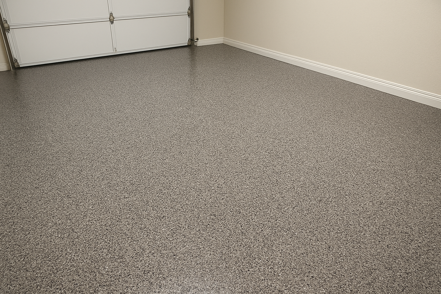 Sol de garage recouvert d'époxy, porte de garage blanche et murs beiges.