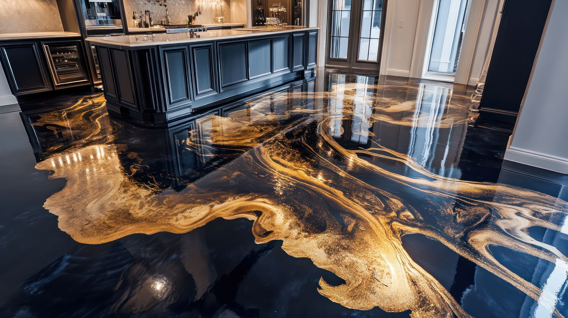 Black and gold epoxy floor in a kitchen with a dark island and a view of windows.
