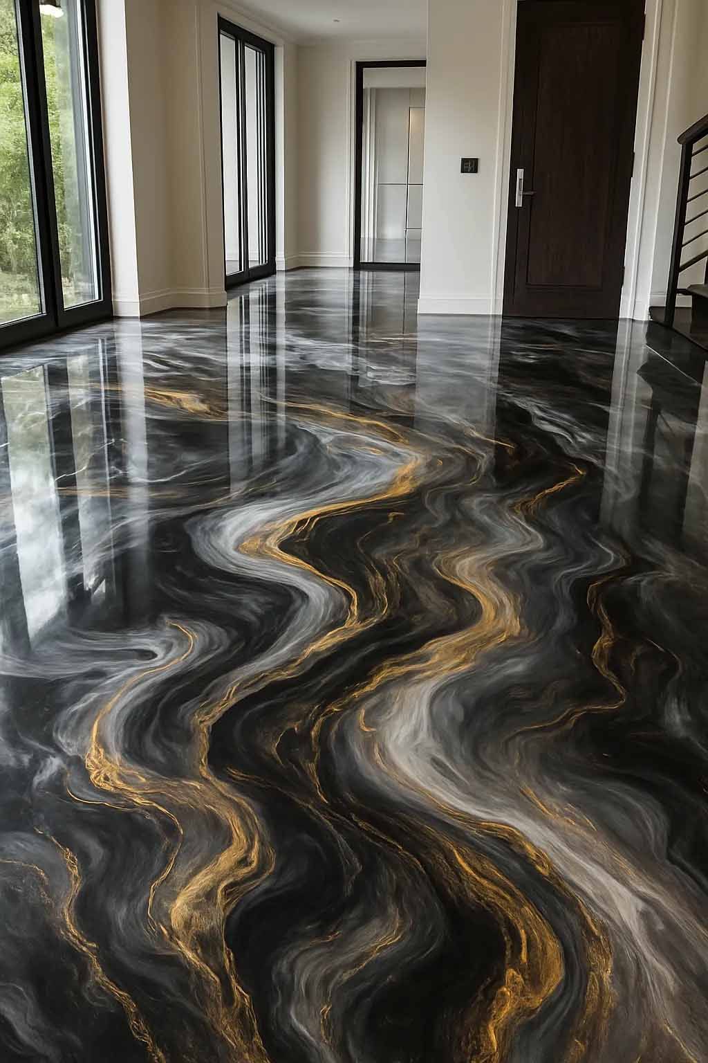 Black and gold epoxy floor with swirling patterns in a hallway.