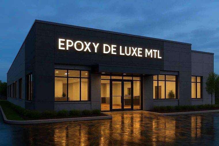 Bâtiment avec une enseigne lumineuse « Epoxy de Luxe MTL » au-dessus de l'entrée. Les fenêtres et le sol humide reflètent la lumière.