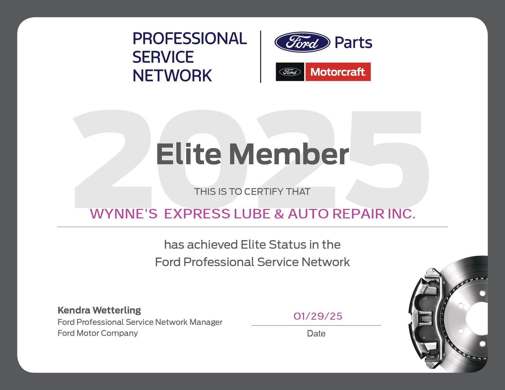 Elite Member 2025 Certificate | Wynnes Express Lube & Auto Repair Inc.
