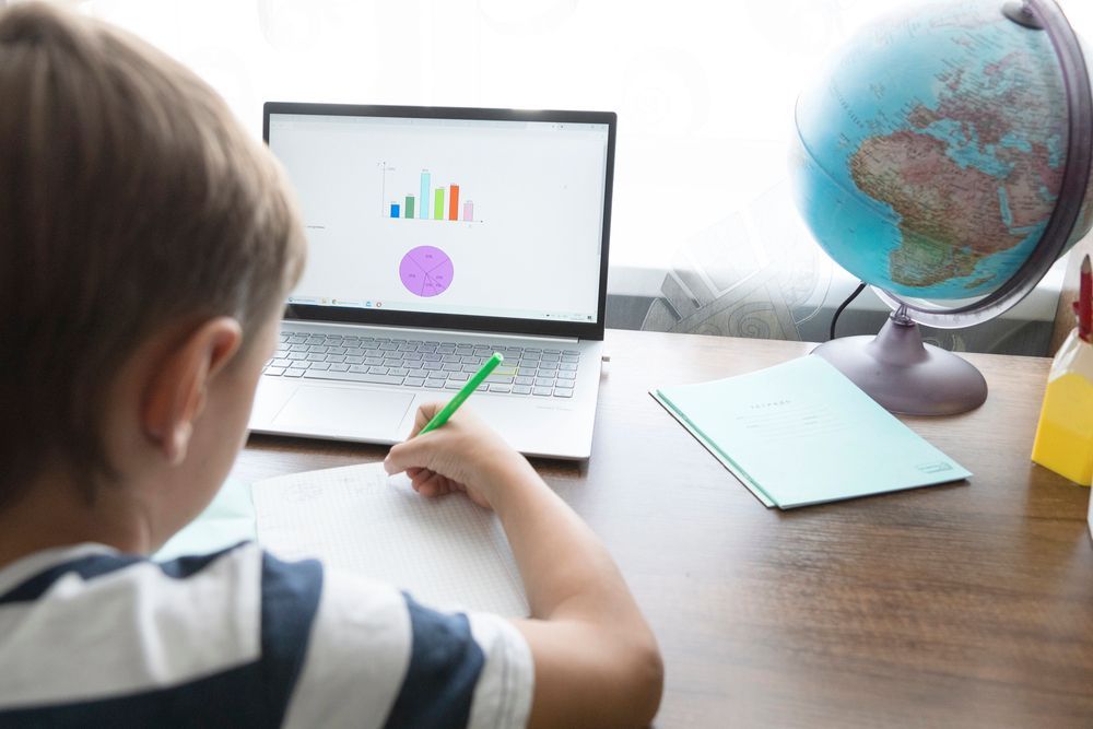 Ragazzo che scrive alla scrivania, sul computer portatile sono mostrati un grafico, un mappamondo, un quaderno e un disinfettante per le mani.