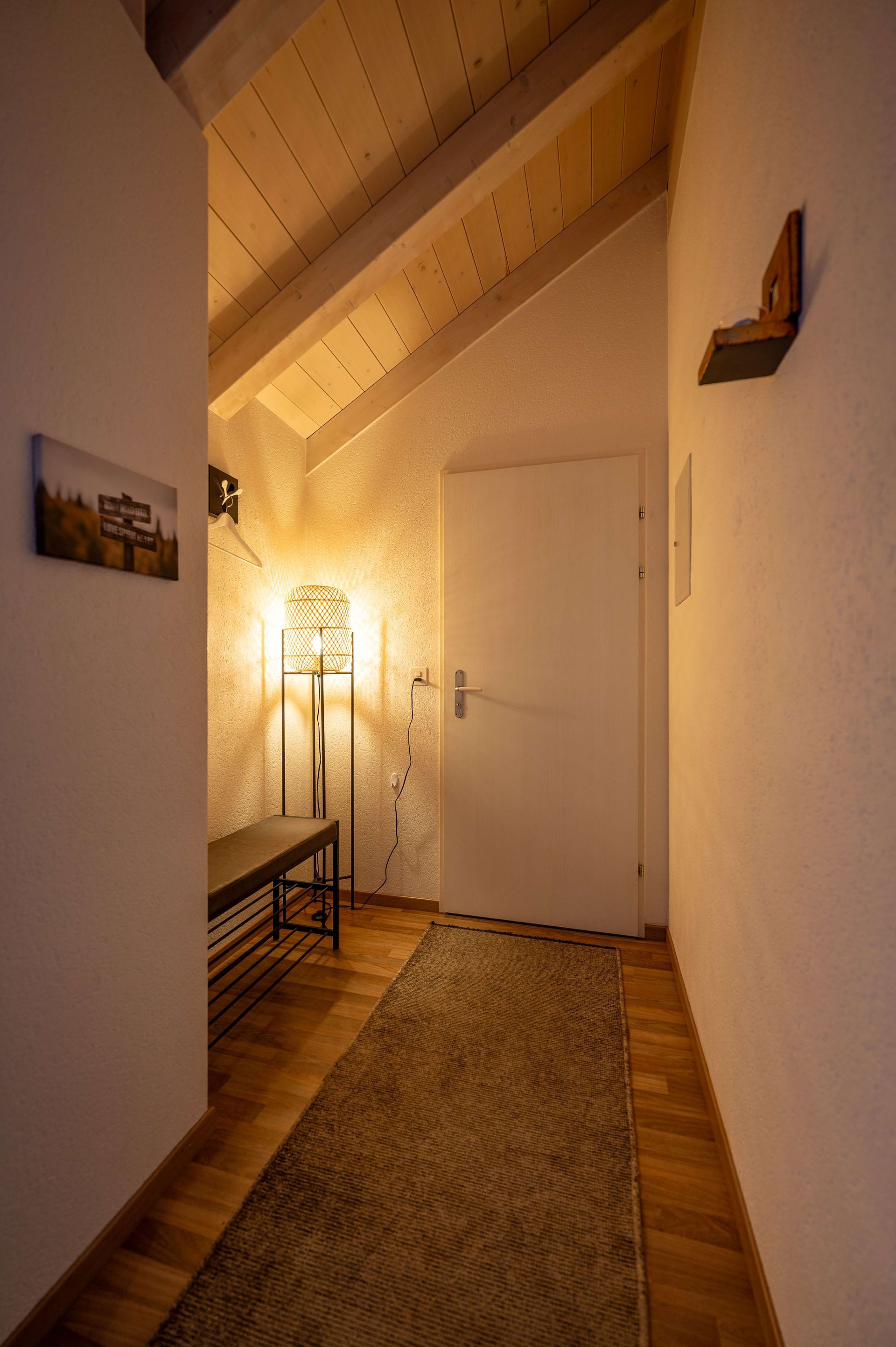 Ein Eingang zu einer Wohnung mit Holzboden, einer Lampe und einer weissen Tür.