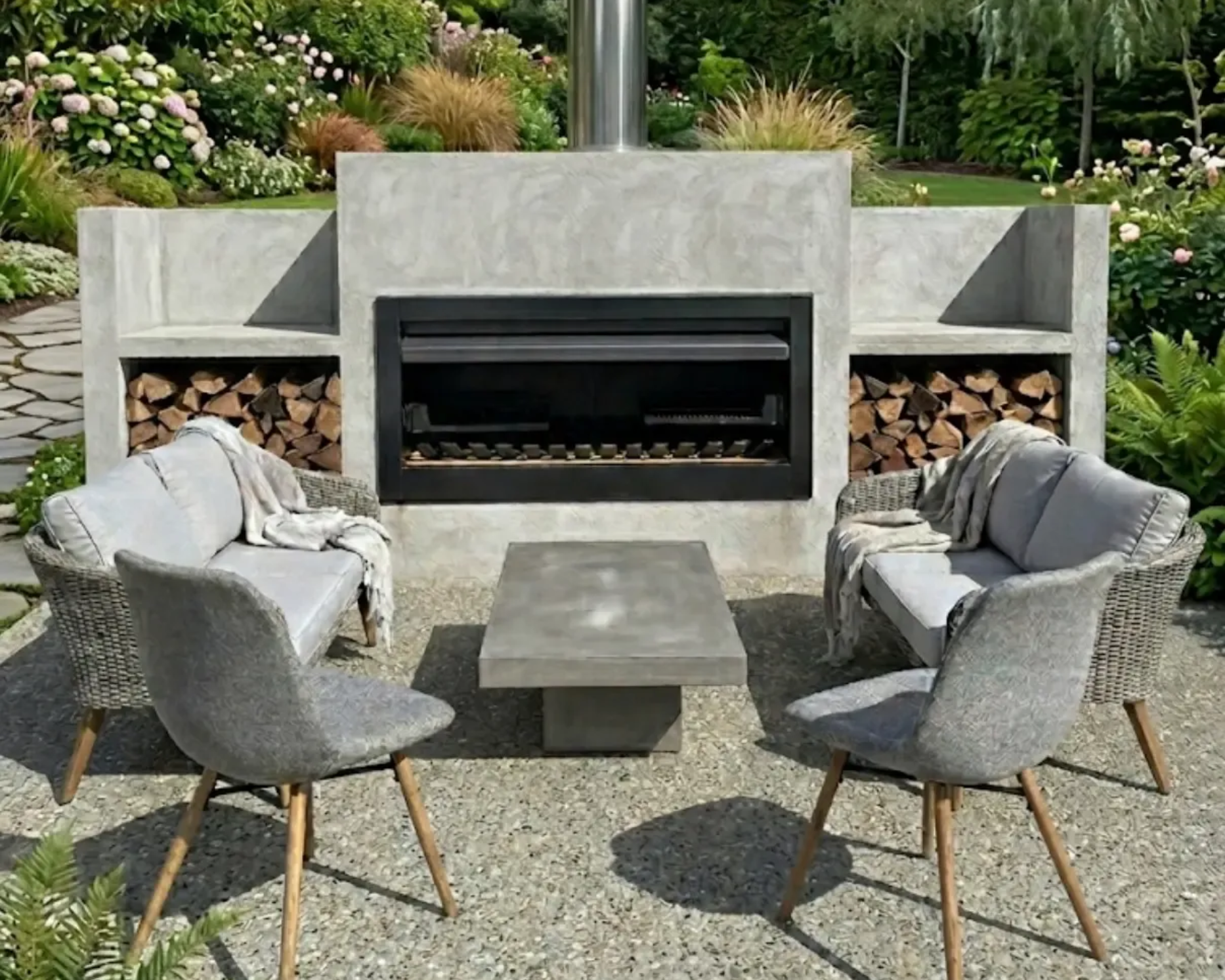 Outdoor seating area with concrete fireplace, log storage, and gray furniture.