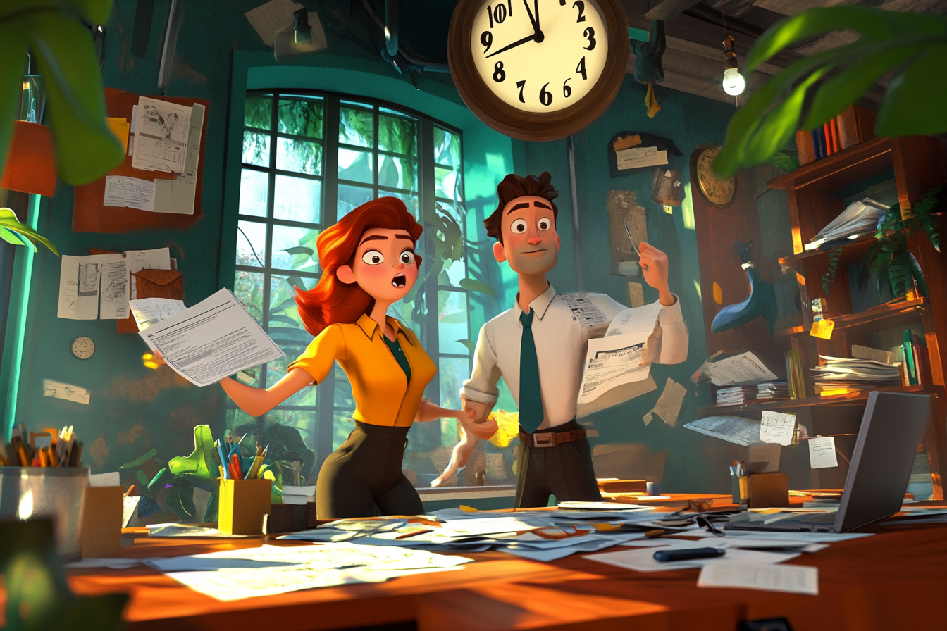 Un homme et une femme se tiennent devant une horloge dans un bureau.