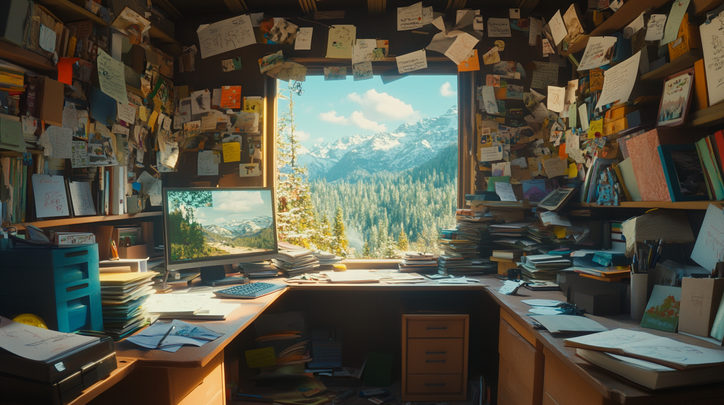 Un bureau en désordre avec vue sur les montagnes à travers une fenêtre.