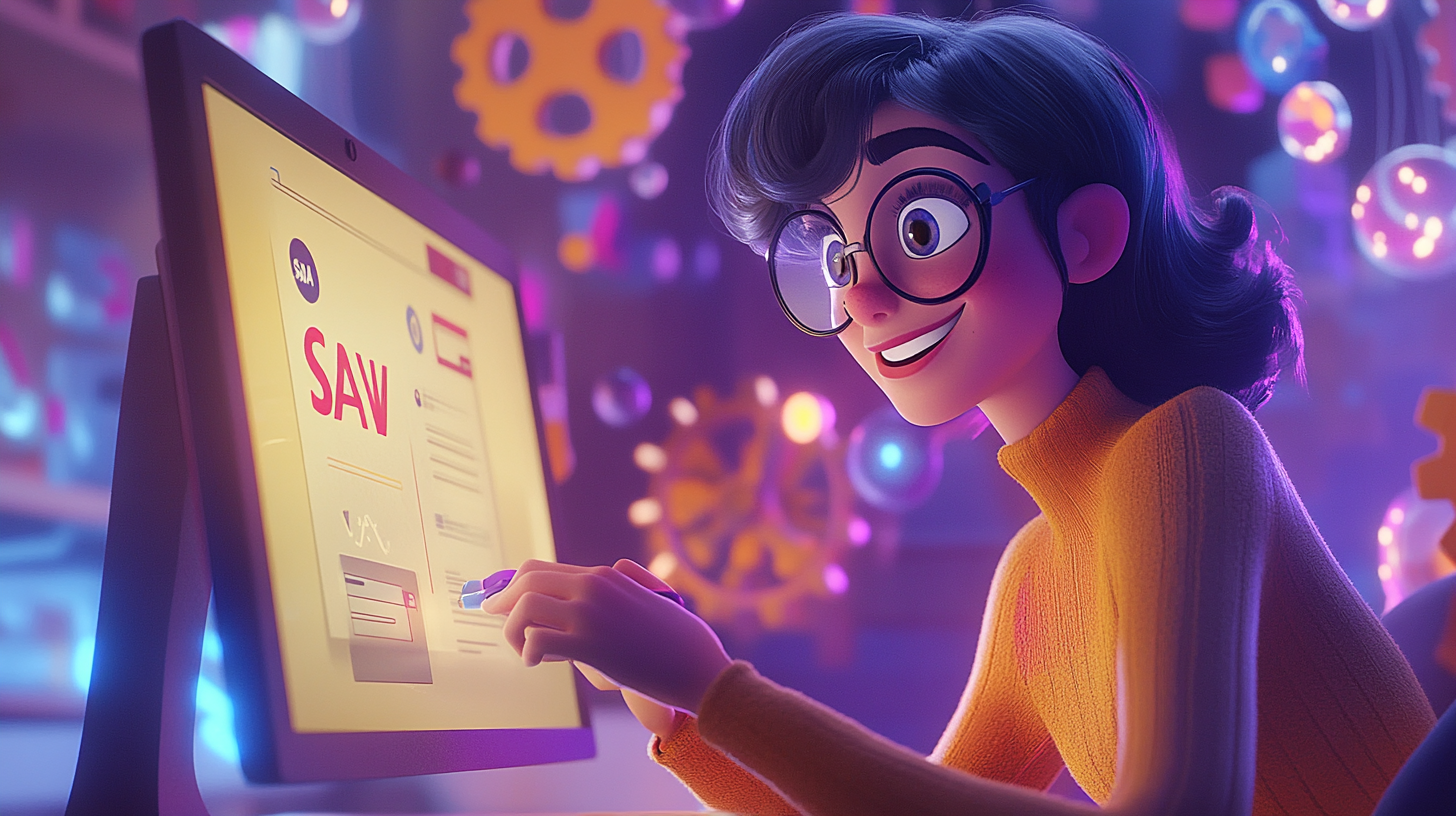 Une fille de dessin animé est assise devant un ordinateur.