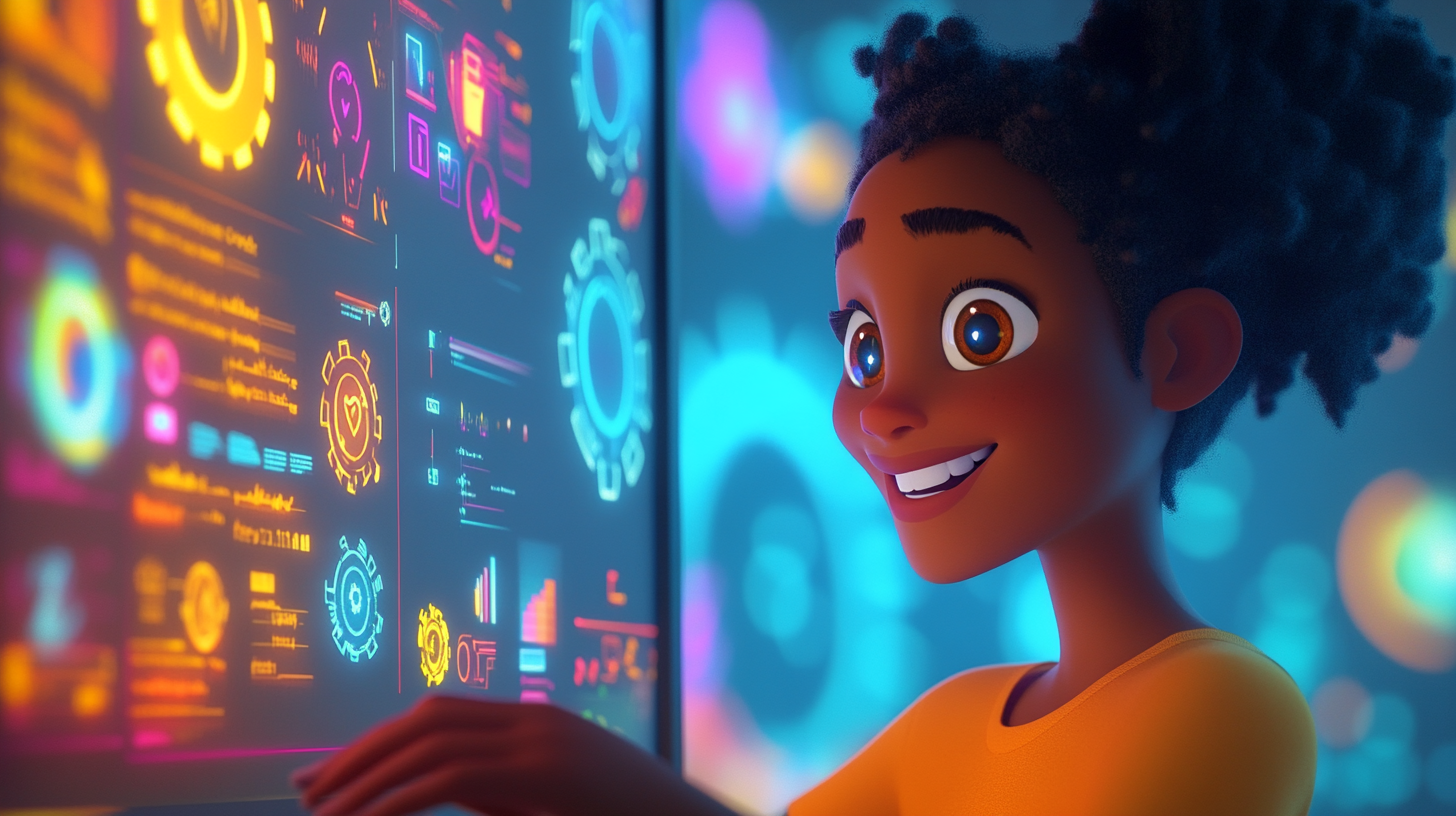 Une fille de dessin animé regarde un écran d'ordinateur et sourit.