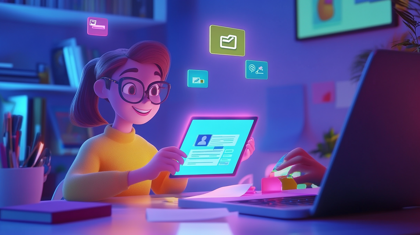Une fille est assise à un bureau en utilisant une tablette et un ordinateur portable.