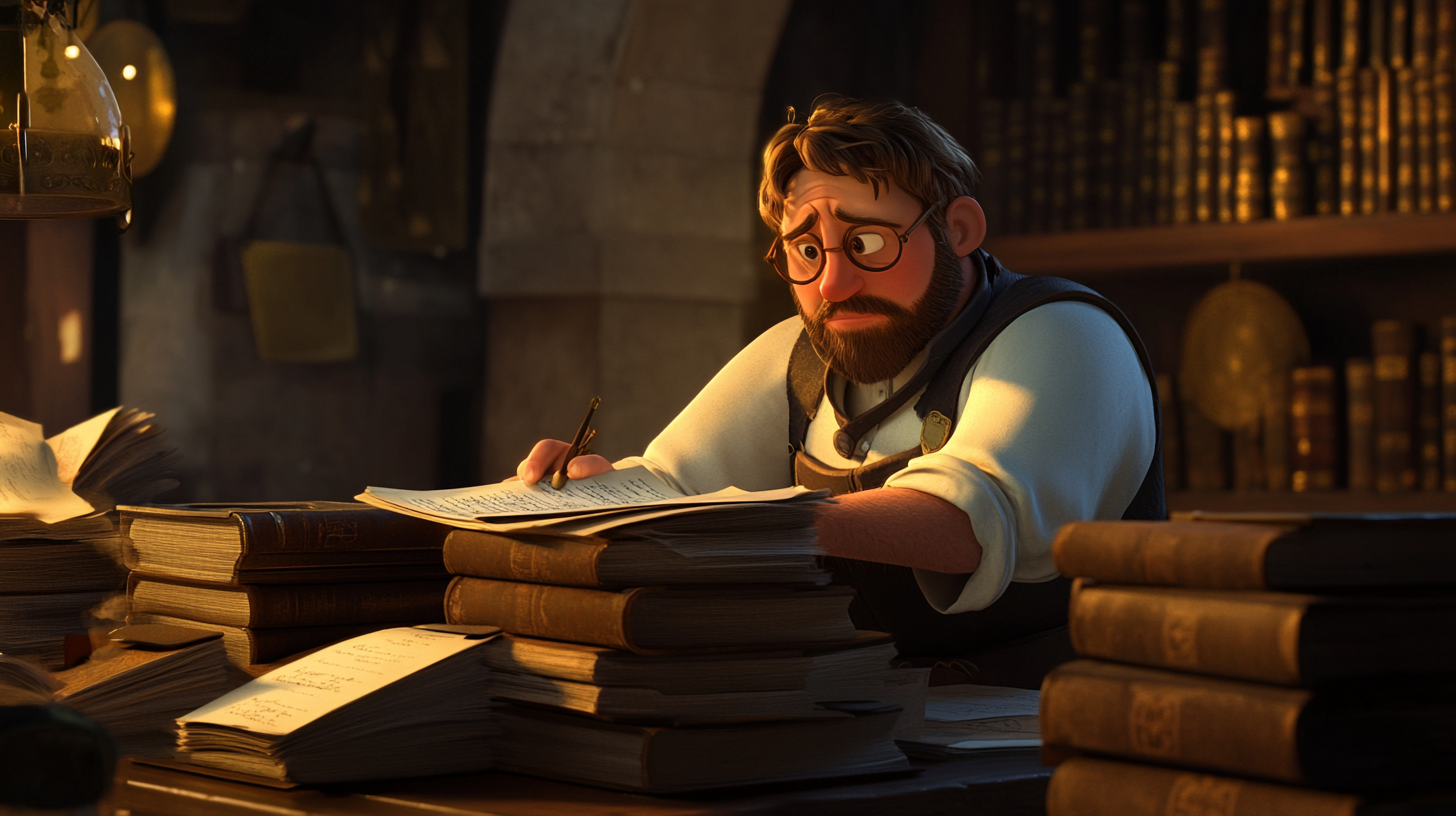 Un homme est assis à une table avec une pile de livres et écrit sur un morceau de papier.