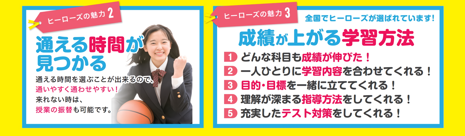 ヒーローズの魅力２・通える時間が見つかる、ヒーローズの魅力３・成績が上がる学習方法