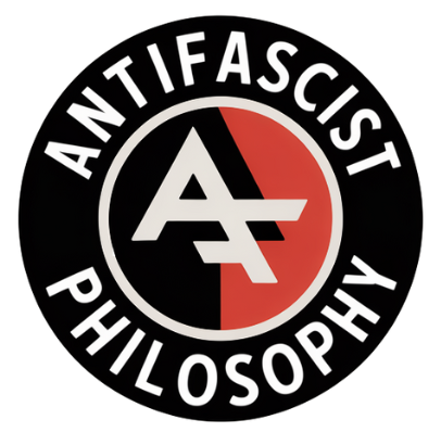 Round logo with black and red halved background and white 