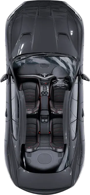 An aerial view of a black sports car with its doors open. An aerial view of a black sports car with its doors open.