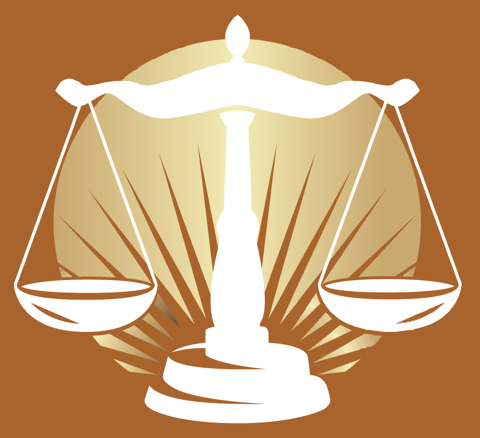 A silhouette of a scale of justice on a brown background