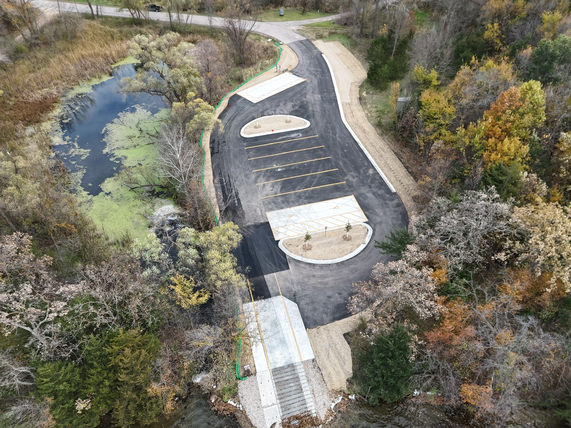 Dirt road winding through a forest; tire tracks visible in the freshly graded earth.