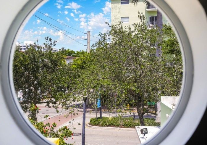 View through a round window of a tree-lined street, with a building and blue sky beyond.