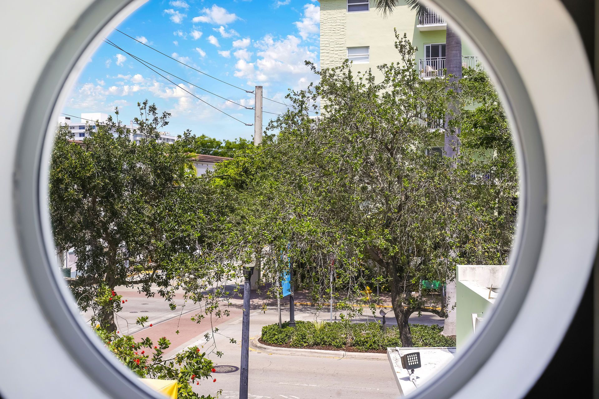 Trees and a building seen through a round window on a sunny day