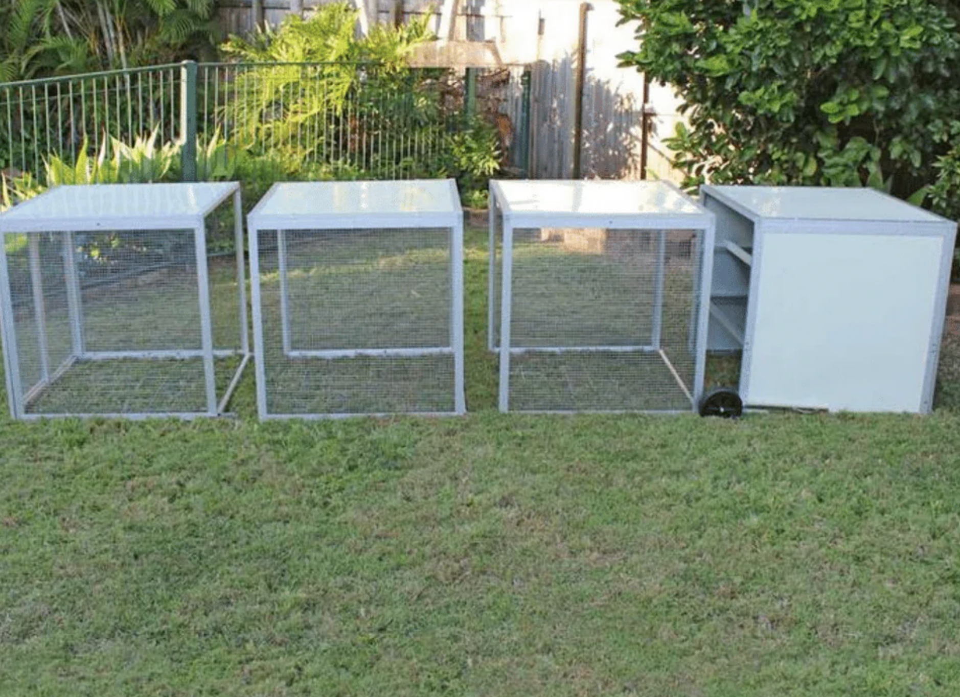 A metal cage with the door open is sitting in the grass