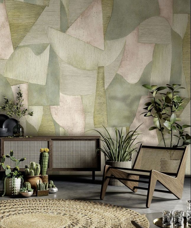 Un soggiorno con una sedia, un tavolo, un tappeto e delle piante.