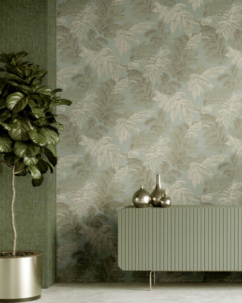 Un soggiorno con una parete verde, un mobile verde, una pianta in vaso e dei vasi.