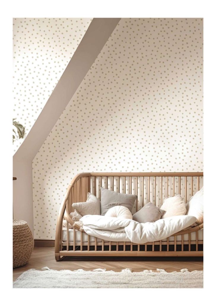 Un divano è posizionato in una stanza con una carta da parati a pois.