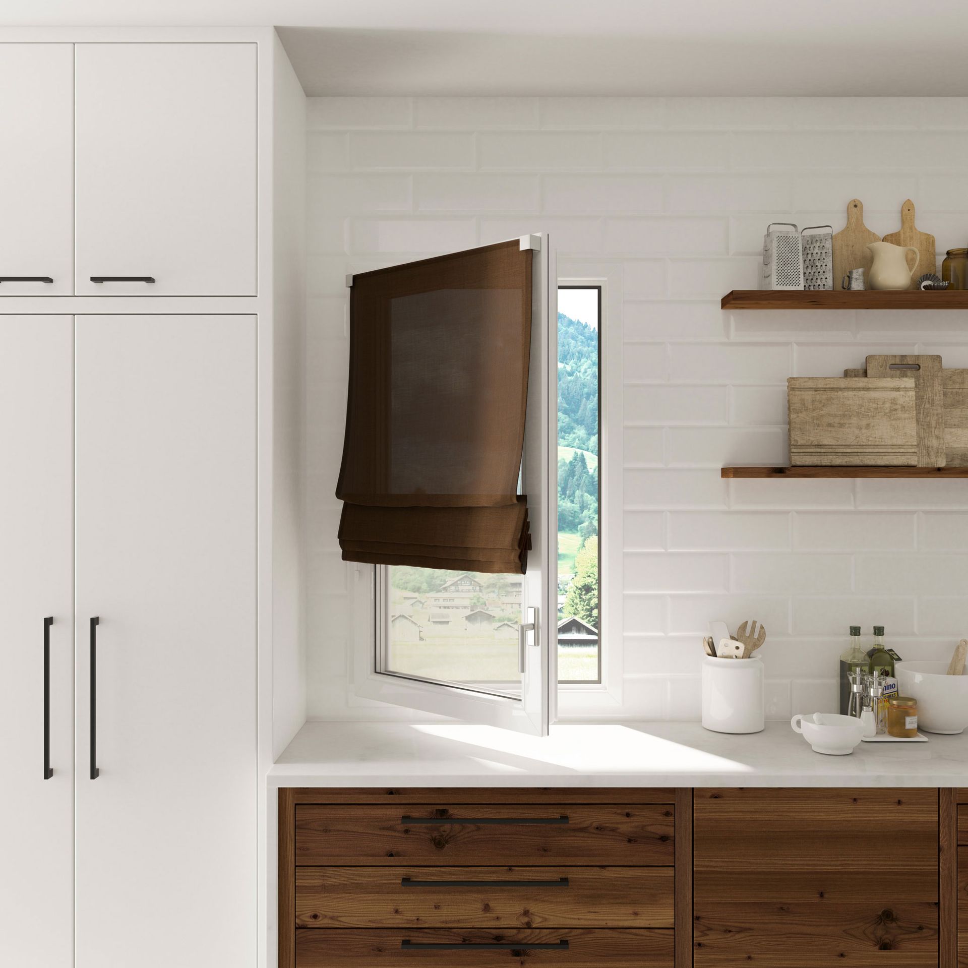 Una cucina con mobili in legno e una finestra con una tenda marrone