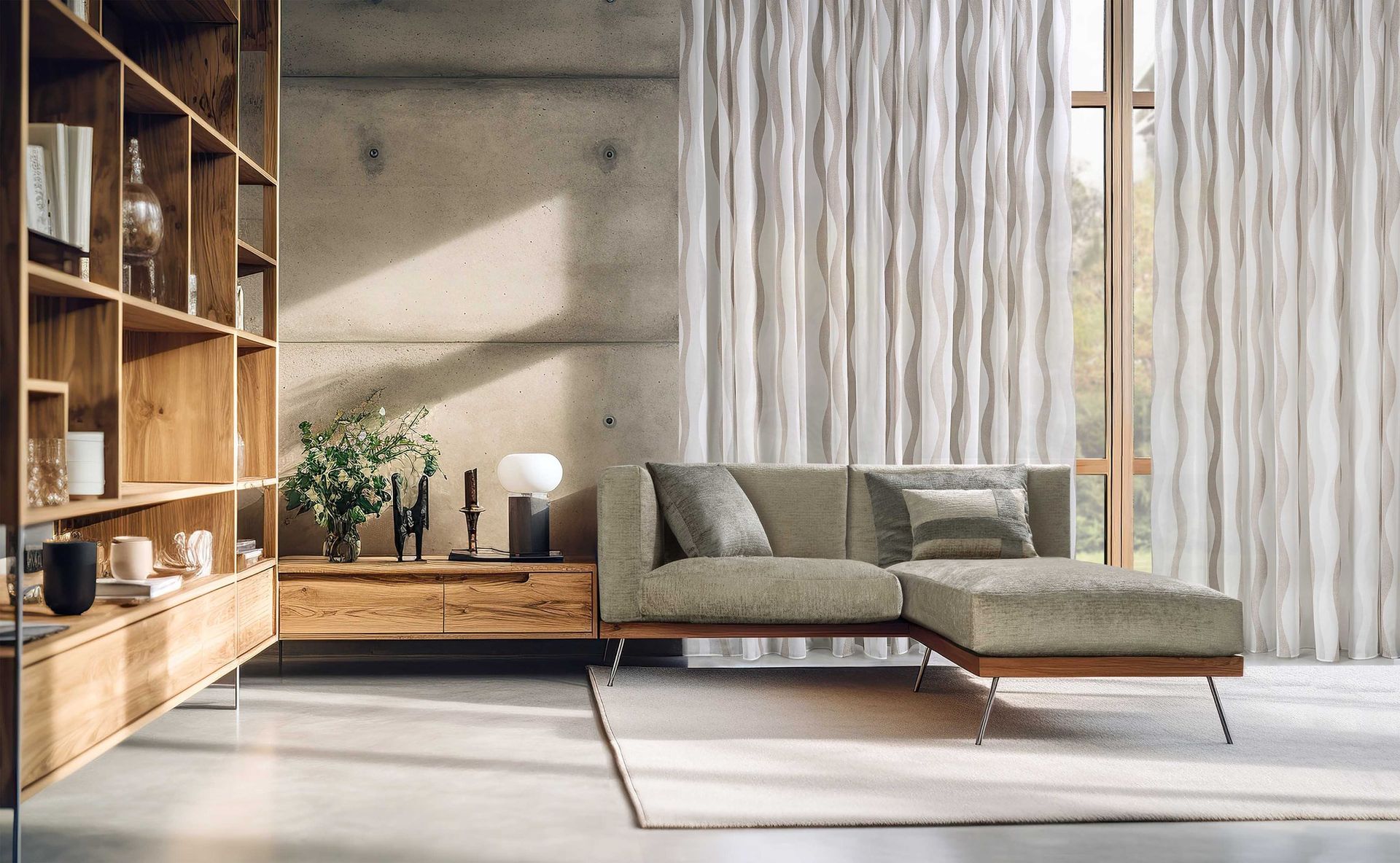 Un soggiorno con divano, libreria e tende.