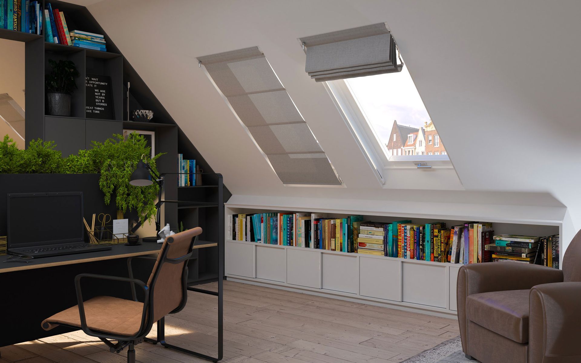 Una stanza con una scrivania, una sedia, una libreria e una finestra.