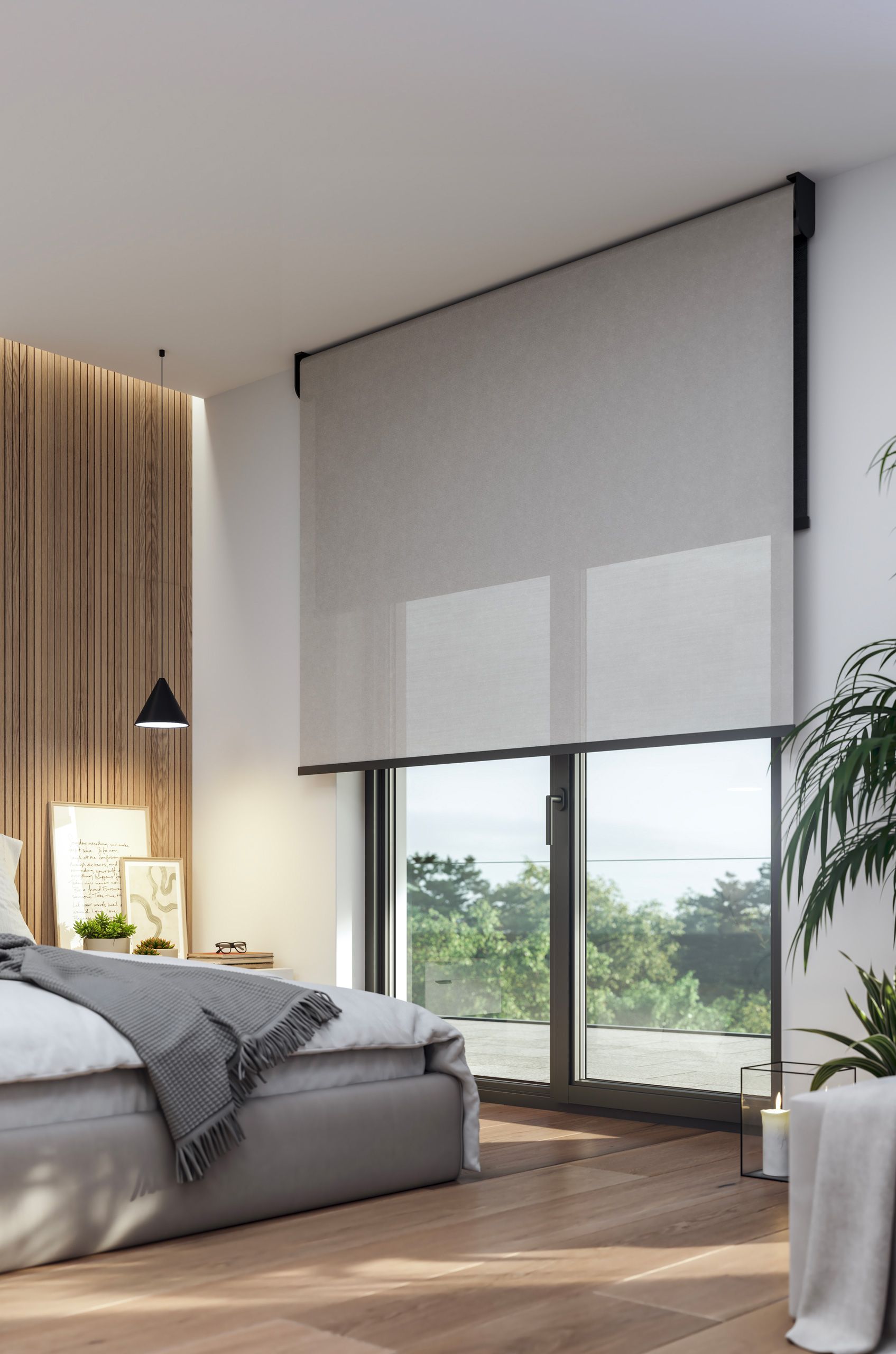 Una camera da letto con un letto grande e una grande finestra.