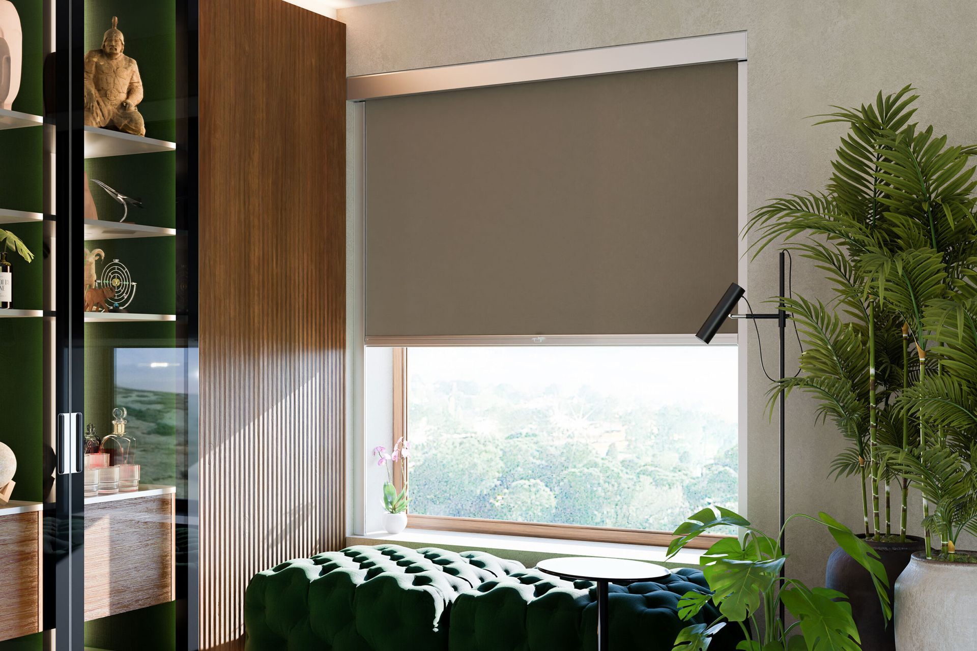 Un soggiorno con una grande finestra e un pouf verde.