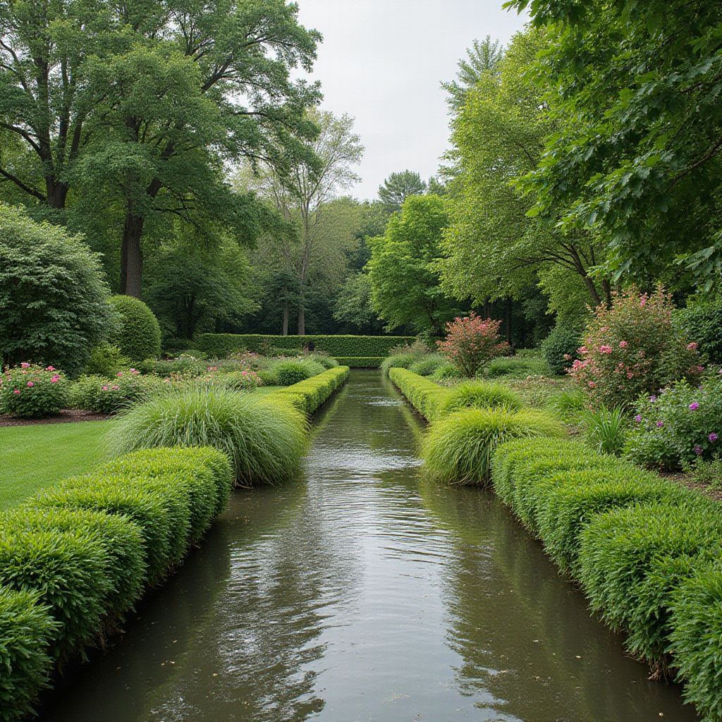 Manicured garden with water channel, edged by trimmed bushes and flowering plants, trees in the background.