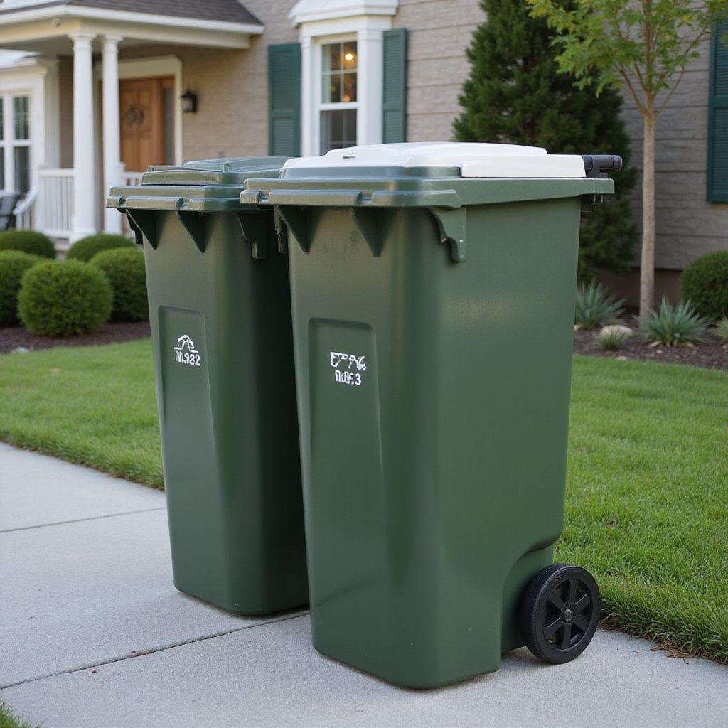 Two green trash cans with white lids on a sidewalk in front of a house.