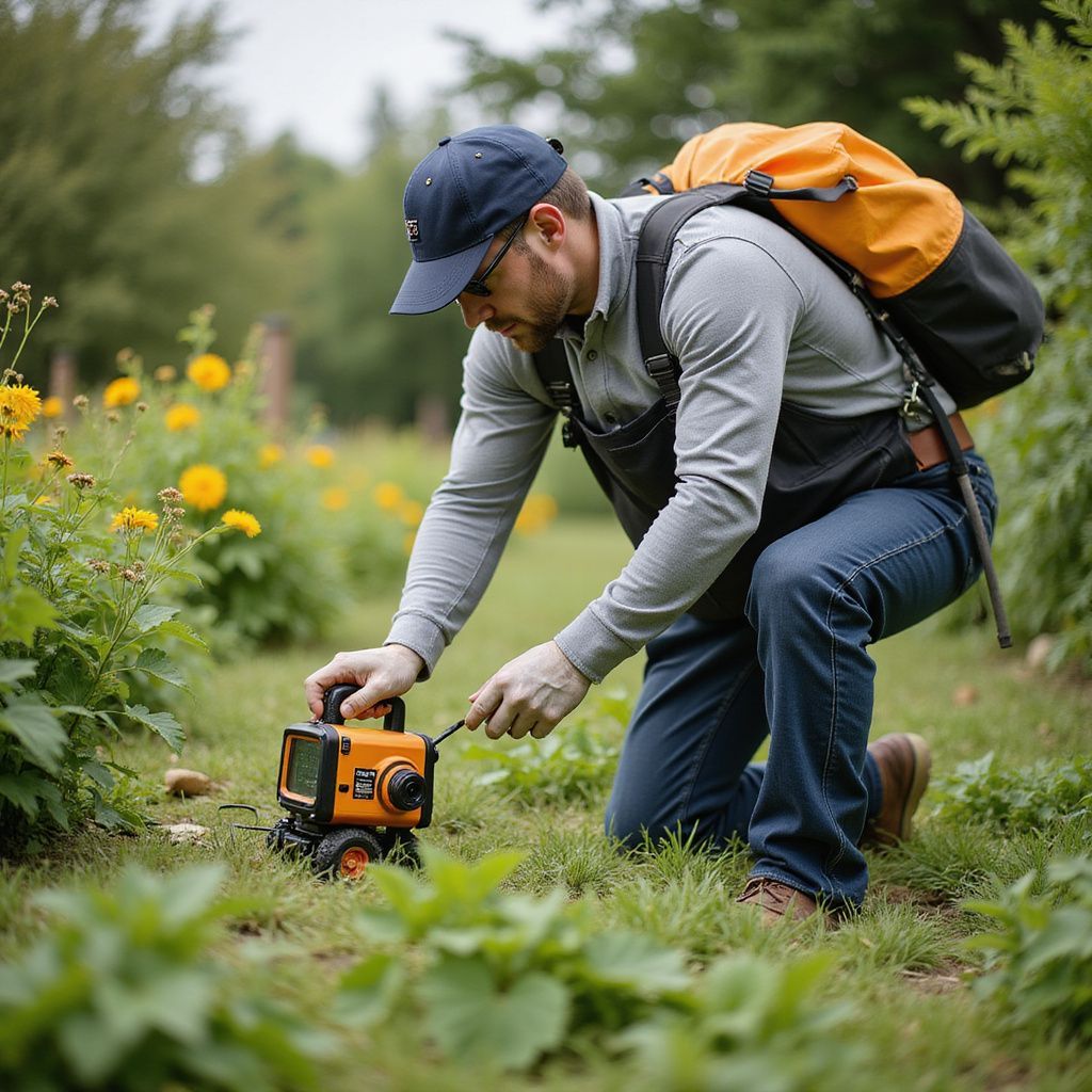 Man kneeling, adjusting small orange device in grassy field with yellow flowers and backpack.