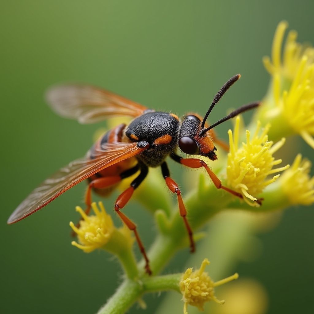 Wasp with orange and black markings on a yellow flower, green stem, and blurred background.