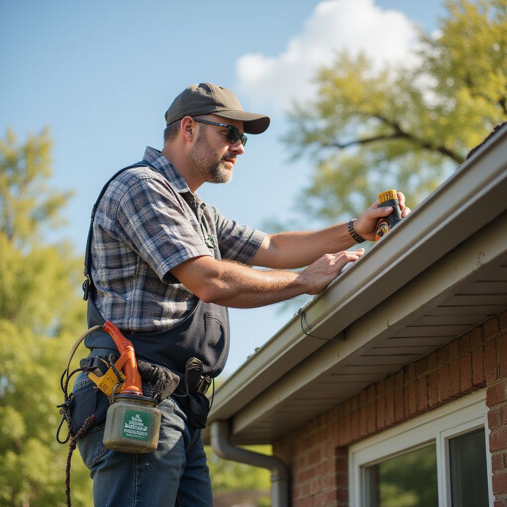Man on a ladder, installing a gutter on a brick house. Sunny day.