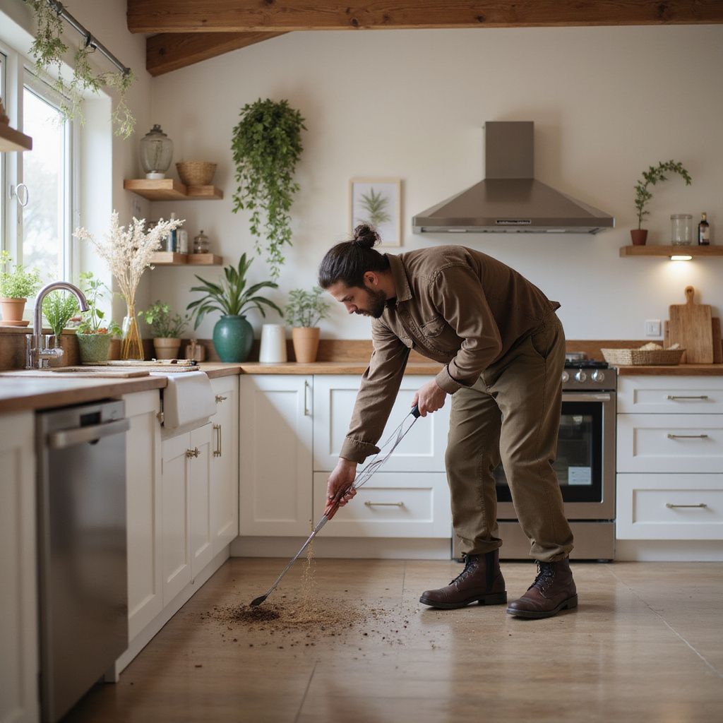 Man sweeping dirt in a white kitchen with stainless steel appliances and plants.
