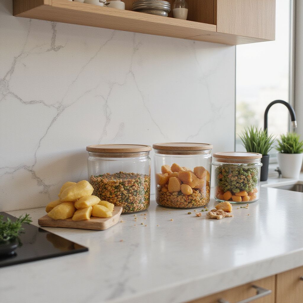 Kitchen countertop with glass jars of food, wooden lids, and a wooden tray.