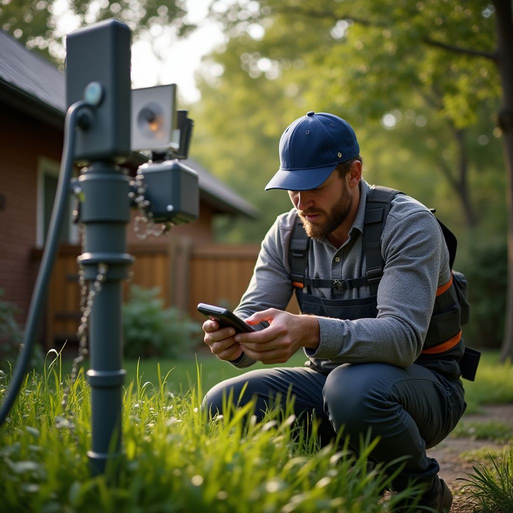 Man crouches, looking at phone near a sensor pole in a grassy yard, house in background.