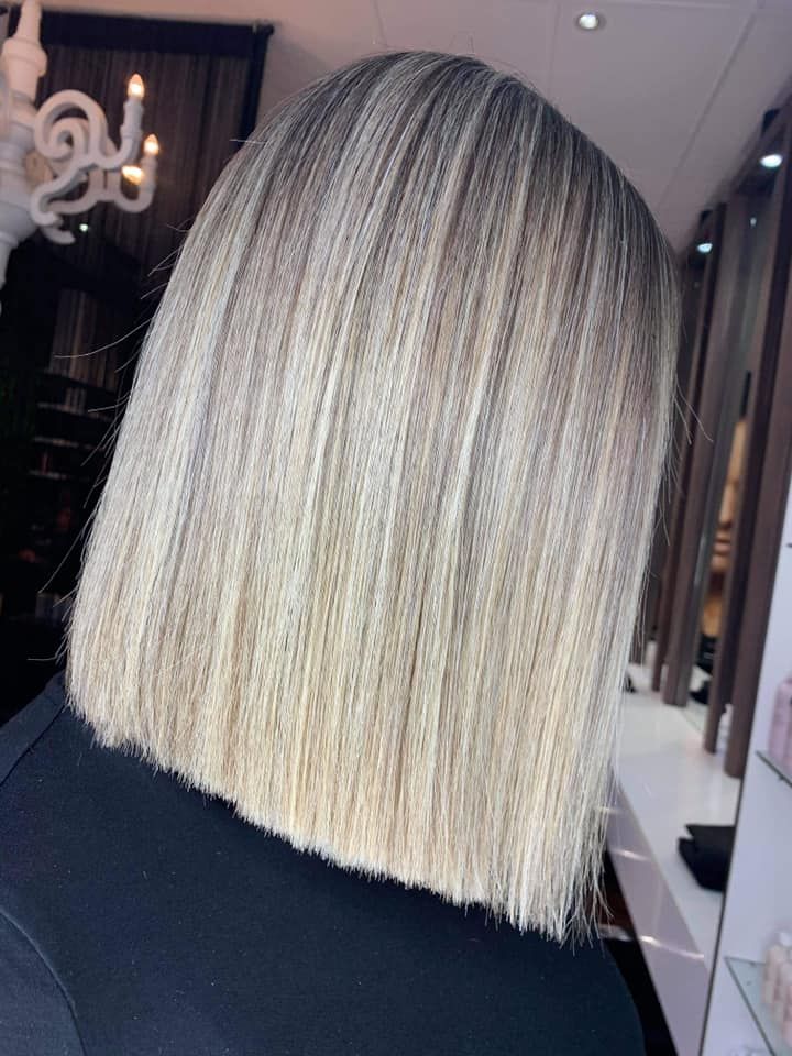 Blonde Bob Haircut With Dark Roots, Sleek and Straight, in a Salon Setting — Studio 23 In Biggera Waters, QLD