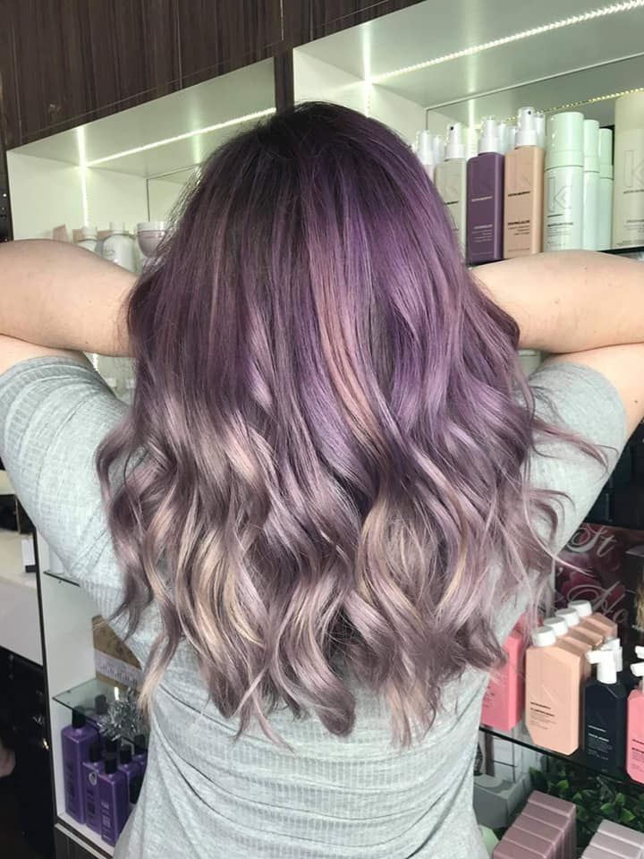Woman With Wavy Purple and Gray Ombre Hair, Arms Raised — Studio 23 In Biggera Waters, QLD